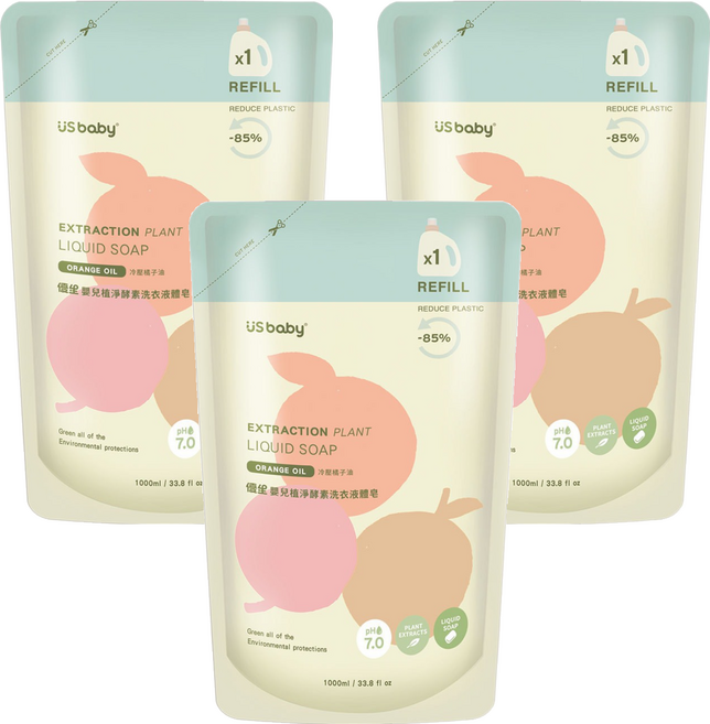 US baby 優生 嬰兒植淨酵素洗衣液體皂 補充包, 1L, 3包