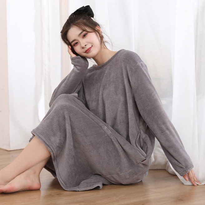 턴키 여성용 빅사이즈 극세사 수면 롱 홈웨어 오버핏 파자마 원피스