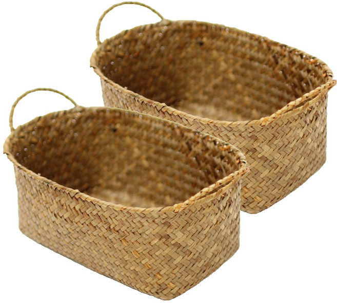 내일의공간 손잡이 원형 라탄 과일 바구니, 네츄럴, 2개