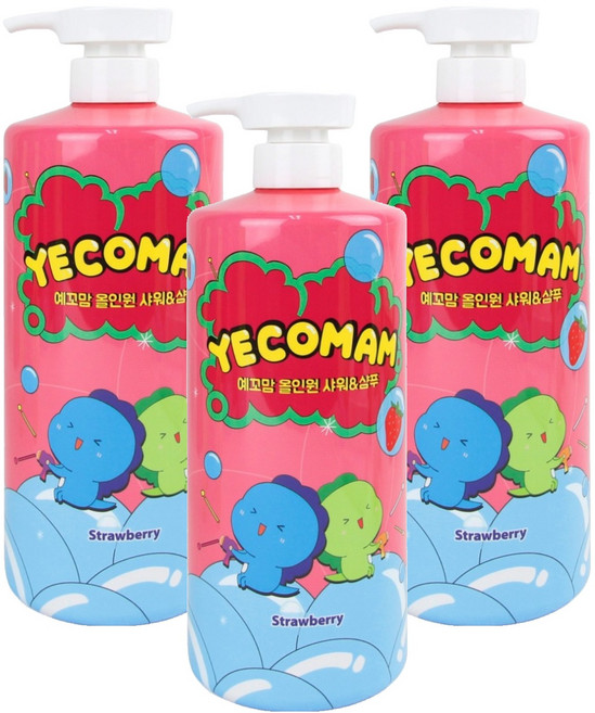 예꼬맘 어린이 대용량 3in1 올인원 바스앤샴푸 딸기, 1L, 3개