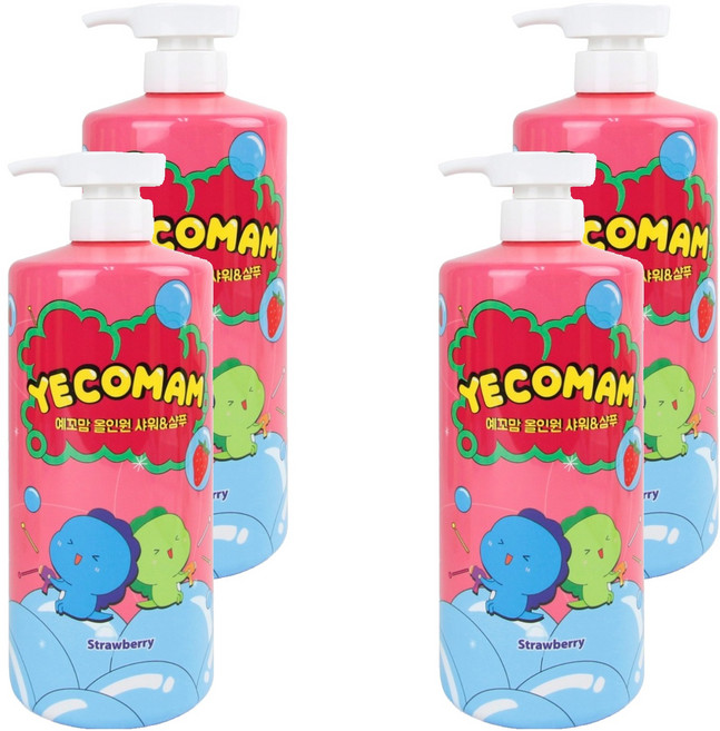 예꼬맘 어린이 대용량 3in1 올인원 바스앤샴푸 딸기, 1L, 4개