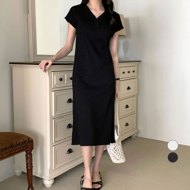 afinar 女款亨利領羅紋夏季長版連身裙, 黑色