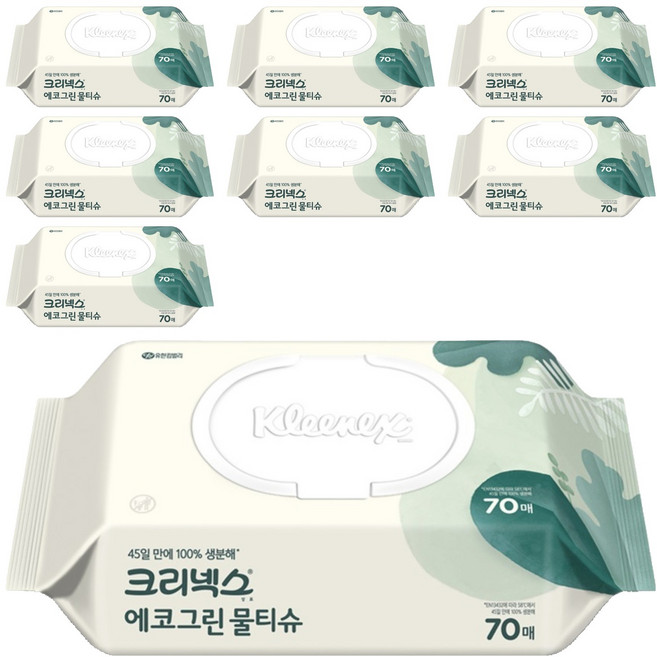 크리넥스 에코 그린 물티슈 캡형 랜덤 발송, 50g, 70개입, 8개
