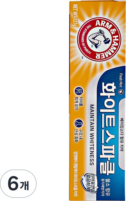 암앤해머 화이트스파클 치약, 121g, 6개 - 쿠팡
