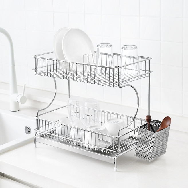 로긴 국내 제조 스텐304 올스텐 모니카 미니 식기건조대 쟁반형, 2단, 실버, 1개