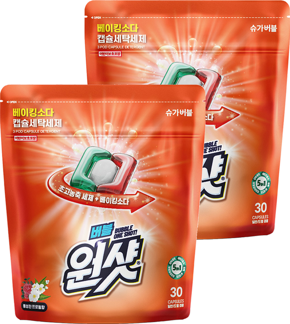 슈가버블 버블원샷 베이킹소다 플로럴향 캡슐세제, 30개입, 2개