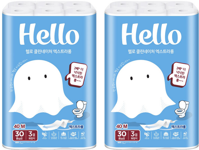 헬로 클린네이처 엑스트라롱 천연펄프 3겹 고급롤화장지, 40m, 30개입, 2개