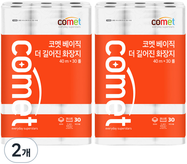 코멧 베이직 더 길어진 화장지 3겹 40m, 30개입, 2개