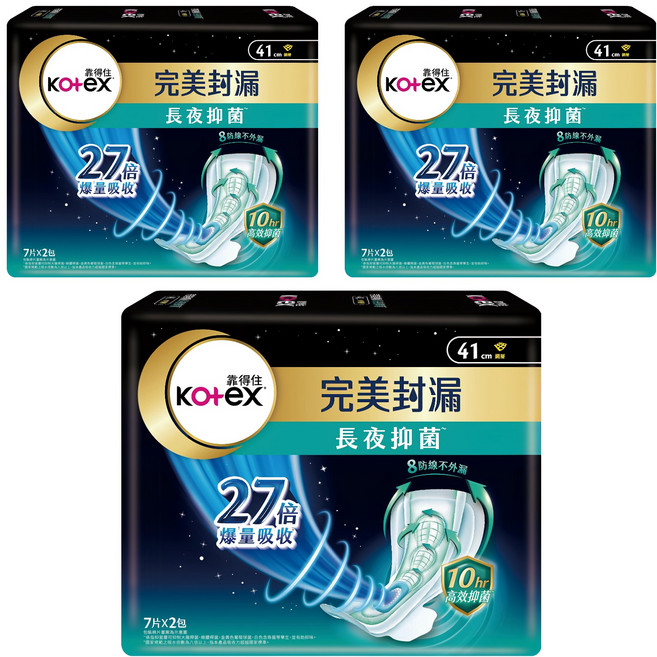 Kotex 靠得住 網層系列 完美封漏長夜抑菌夜用衛生棉, 41cm, 7片, 6包