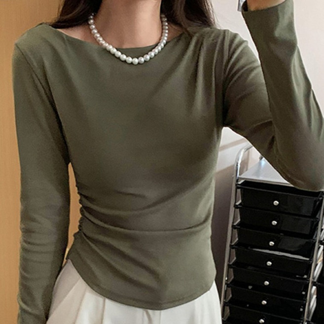 비비에모 여성용 펌프스 보트넥 셔링 긴팔 티셔츠 10144