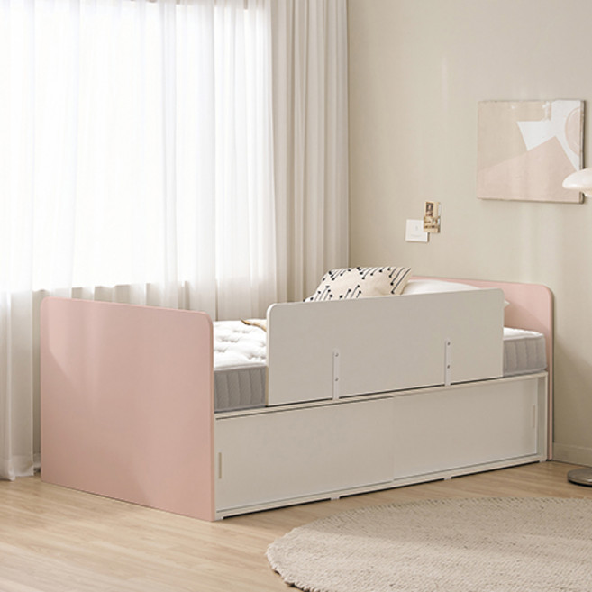 윌로우 메리 슬라이딩 서랍 침대 + 사각가드 + 삼중직 매트리스 세트 방문설치, 핑크(침대), 화이트(가드), 베이지(매트리스)