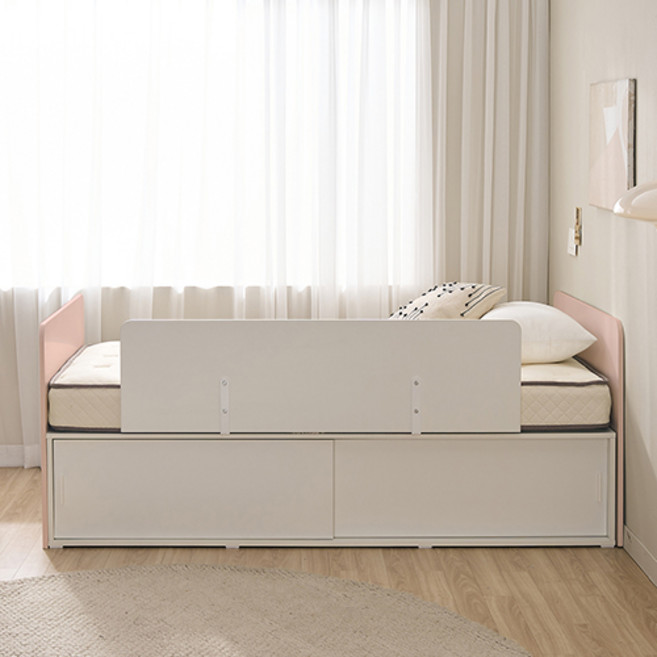 윌로우 메리 슬라이딩 수납헤드 서랍 침대 + 사각가드 + 삼중직 매트리스 세트 방문설치, 핑크(침대), 화이트(가드), 베이지(매트리스)