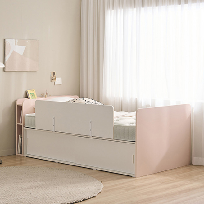 윌로우 메리 슬라이딩 수납헤드 서랍 침대 + 사각가드 + 삼중직 매트리스 세트 방문설치, 핑크(침대), 화이트(가드), 베이지(매트리스)