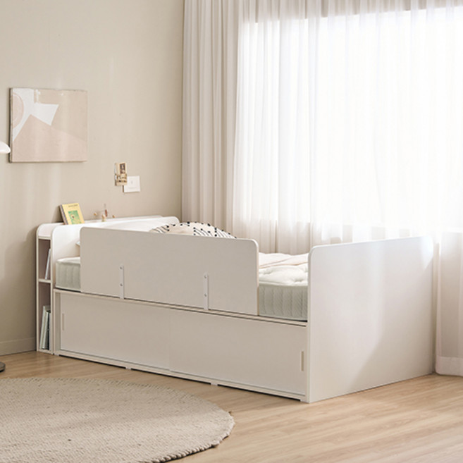 윌로우 메리 슬라이딩 수납헤드 서랍 침대 + 사각가드 + 삼중직 매트리스 세트 방문설치, 화이트(침대, 가드), 베이지(매트리스)
