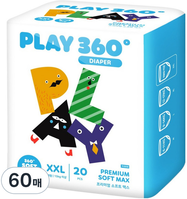 한예지 PLAY 360도 프리미엄 팬티기저귀, 60매, 점보형(2XL)