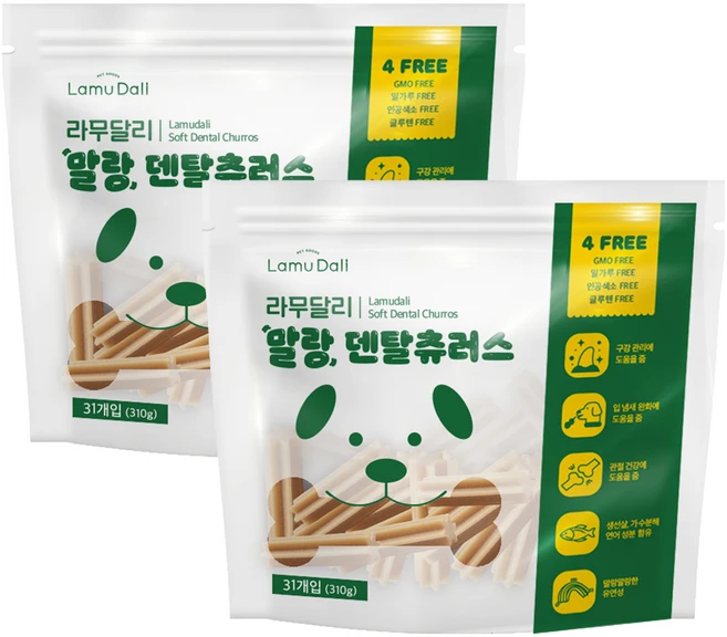 라무달리 강아지 말랑 덴탈츄러스 31p, 혼합맛(가수분해연어/생선살), 310g, 2개 - 쿠팡