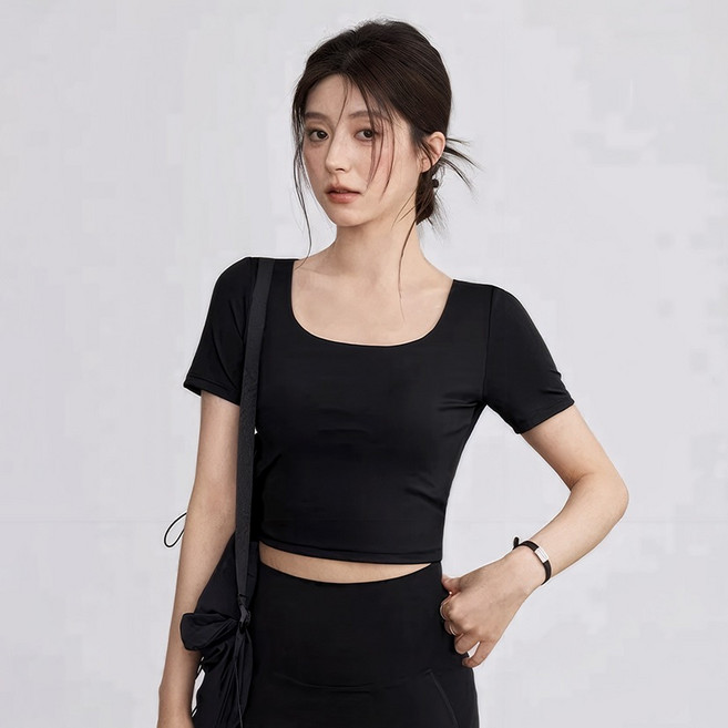 씨오브비 여성용 요가 필라테스 백리스 반팔 내장패드 스퀘어넥 크롭탑