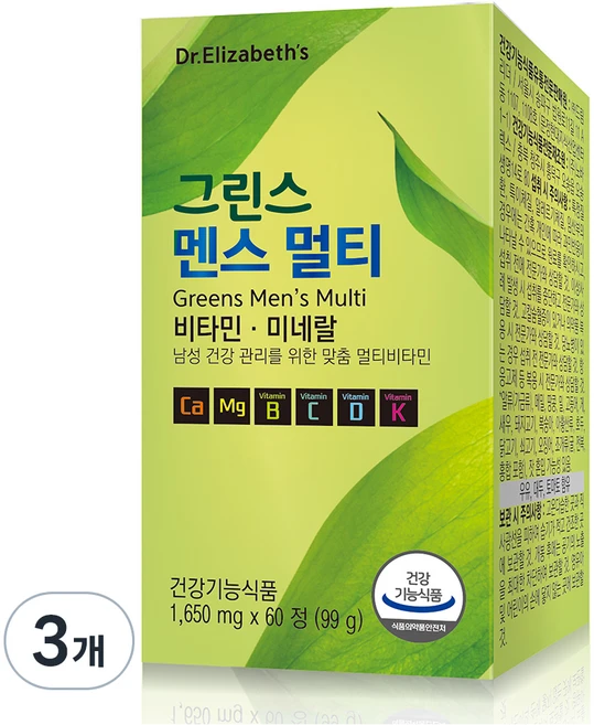 닥터엘리자베스 그린스 멘스 멀티비타민 99g, 60정, 3개 - 쿠팡
