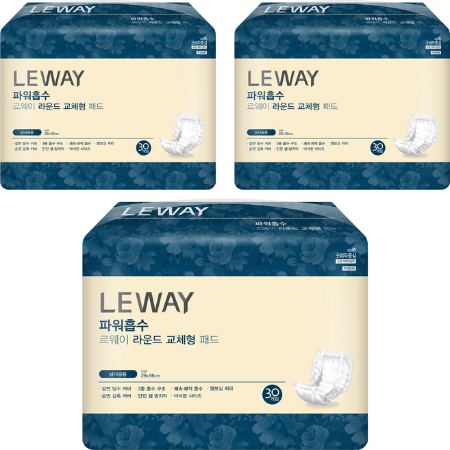 르웨이 남녀공용 파워흡수 라운드 교체형 패드, 30매입, 3개