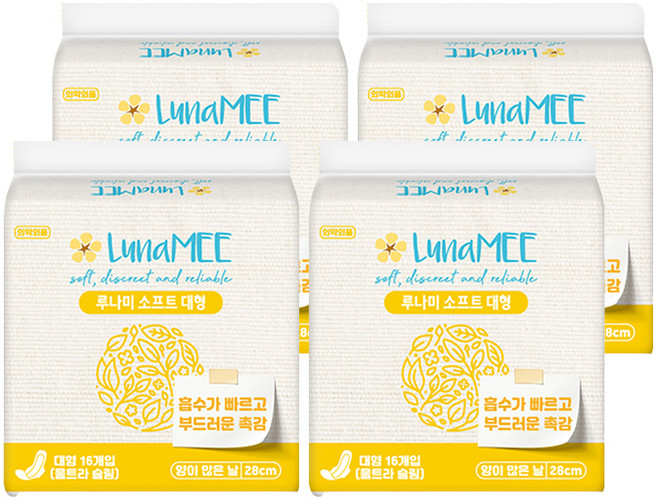 루나미 소프트 국내산 생리대 대형 날개형, 16개입, 4개