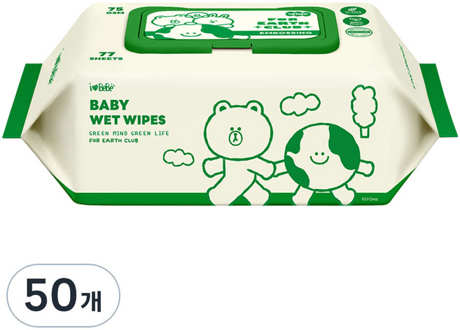 아이러브베베 라인프렌즈 그린 에디션 아기물티슈 캡형, 75g, 77매, 50개