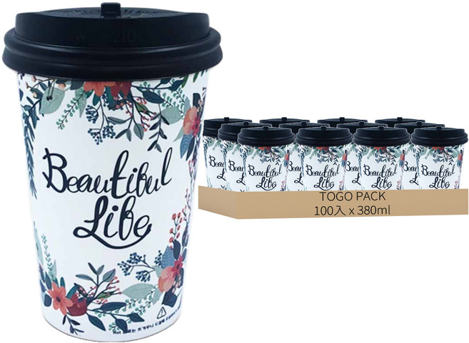 Togo Pack 花卉圖案紙杯 380ml + 可開關杯蓋, 1組, 100入
