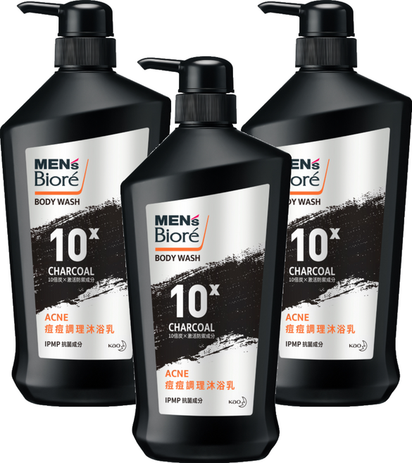 MEN's Biore 10倍炭男性專用 痘痘調理沐浴乳 控油深層清潔 長時間清爽 針對背及胸口容易出油流汗的肌膚, 750g, 3瓶