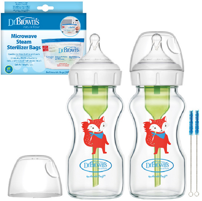 닥터브라운 와이드 젖병 270ml x 2p + 스팀백 5p + 젖꼭지 2p + 세척솔 2p 세트, 폭스, 1개