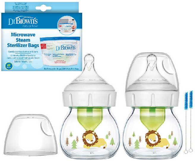 닥터브라운 라이온 와이드넥 젖병 60ml 2p + 젖꼭지 2p + 세척솔 2p + 스팀백 5p 세트, 1단계(0~3개월), 혼합색상, 1개