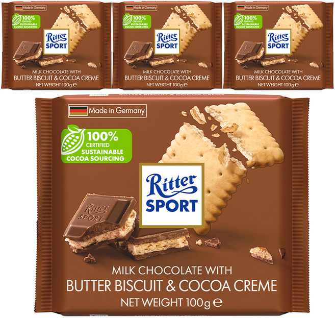 Ritter Sport 奶油餅乾巧克力, 4包, 100g