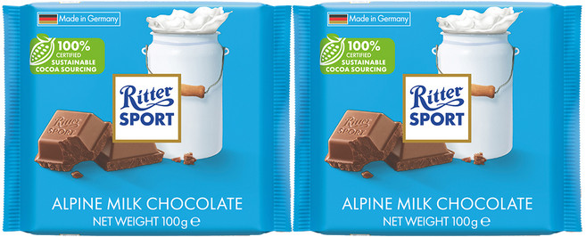 Ritter Sport 阿爾卑斯牛奶巧克力, 100g, 2個