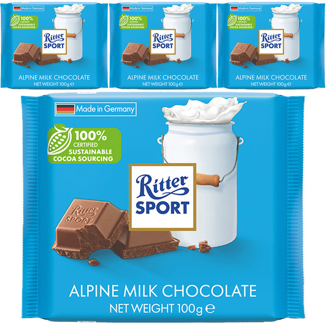 Ritter Sport Alpine牛奶巧克力, 100g, 4包