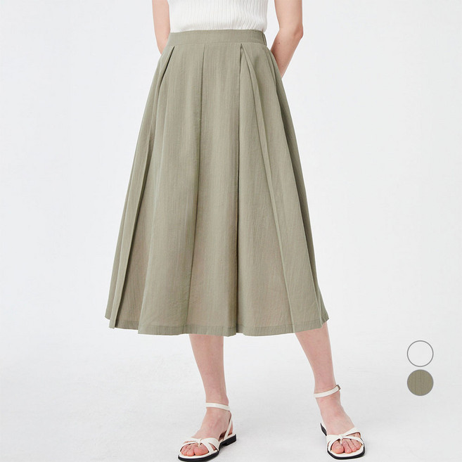 ELLE PARIS 리넨라이크 A라인 핀턱 미디 스커트