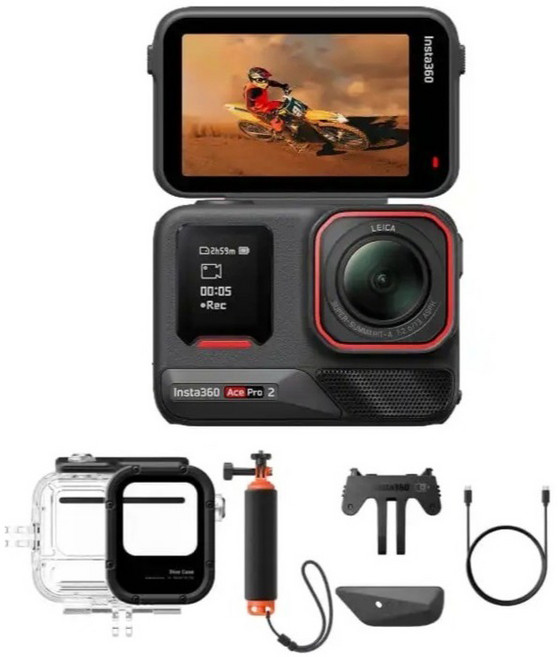 인스타360 듀얼 배터리 액션 카메라 Ace Pro 2 + 전용 다이브 케이스 + 플로팅 핸드 그립 부력봉 세트, 블랙
