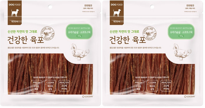 굿데이 강아지 건강한육포 반려견간식, 오리가슴살 소프트스틱, 300g, 2개