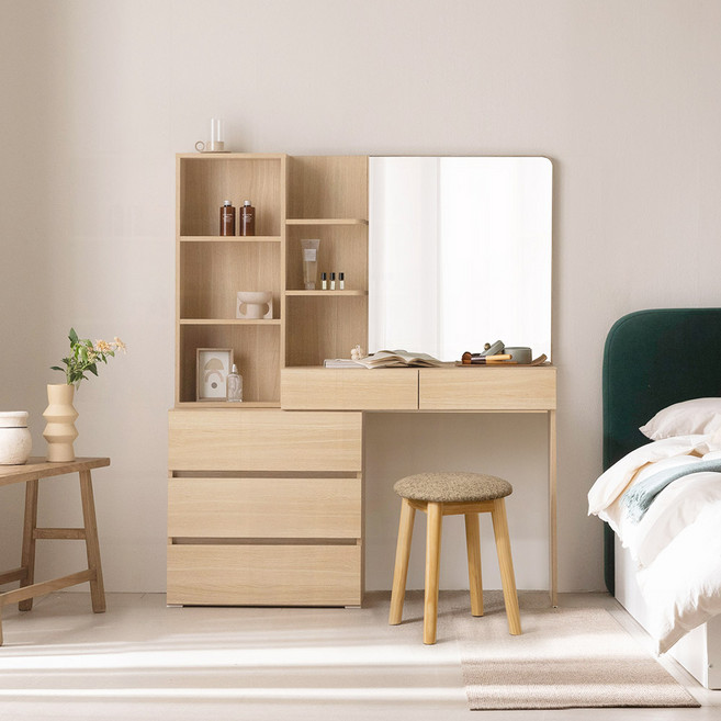 파로마 미누 와이드거울 수납선반 화장대 + 스툴 세트 방문설치, 화장대(오크), 스툴(트위드 브라운)