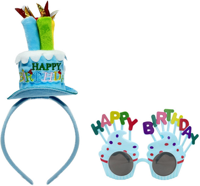 파티공구 케익모자머리띠 + 생일머핀 안경 세트, 블루, 1세트