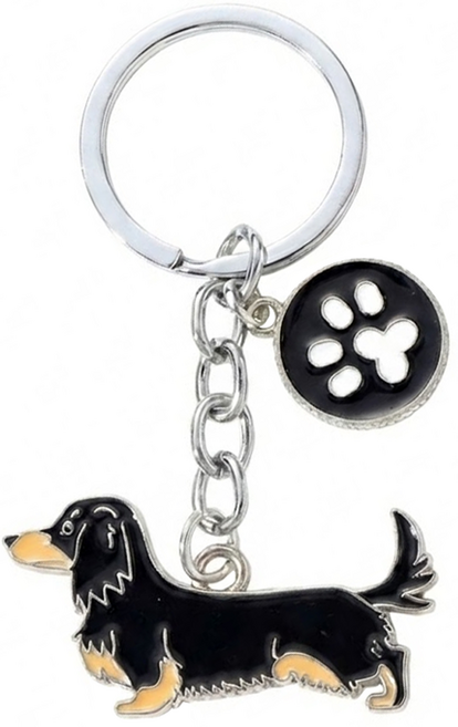 WOONUE 高品質臘腸狗動物背包鑰匙圈掛飾 50g, 黑四目, 1個