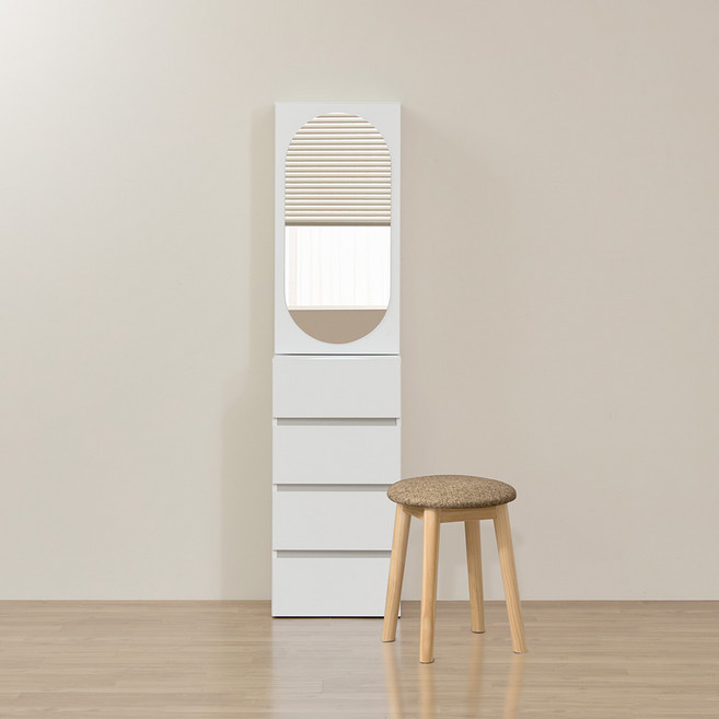 파로마 로우A 라운드 거울 수납 틈새화장대 + 스툴 세트 방문설치, 화이트 + 트위드브라운