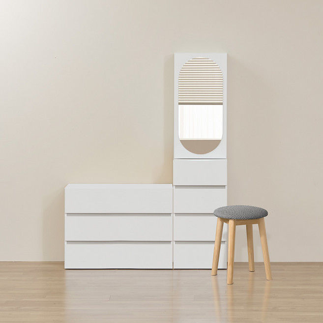 파로마 로우B 라운드 거울 수납 틈새화장대 + 스툴 세트 방문설치, 화장대(화이트), 스툴(트위드 블랙)