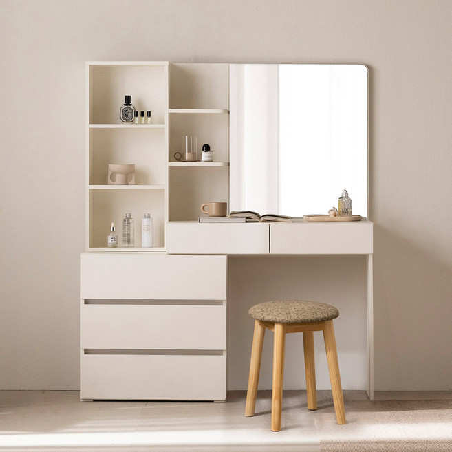 파로마 미누 와이드거울 수납선반 화장대 + 스툴 세트 방문설치, 화장대(화이트), 스툴(트위드 브라운)