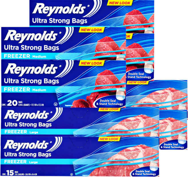Reynolds 雷諾茲 雙重鎖定冷凍夾鏈袋 中型 20入 x 2個 + 大型 15入 x 2個 組合, 2套, 混合