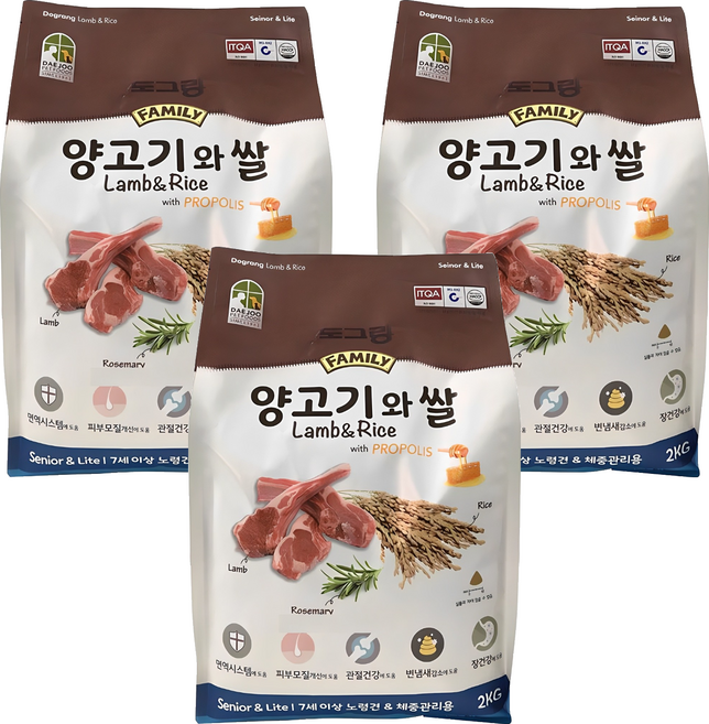 도그랑 시니어 강아지 훼미리 건식사료, 양+쌀, 2kg, 3개