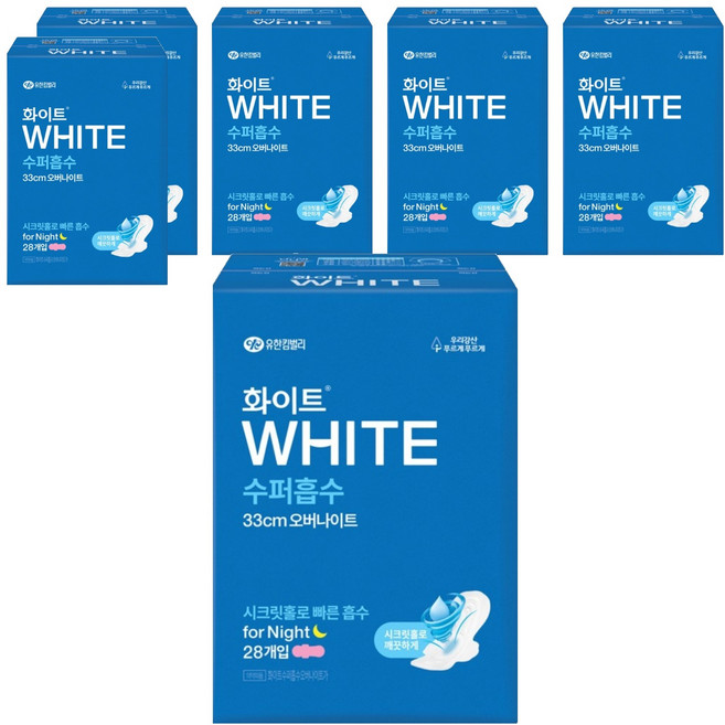 화이트 수퍼흡수 날개형 생리대, 오버나이트, 28개입, 6개