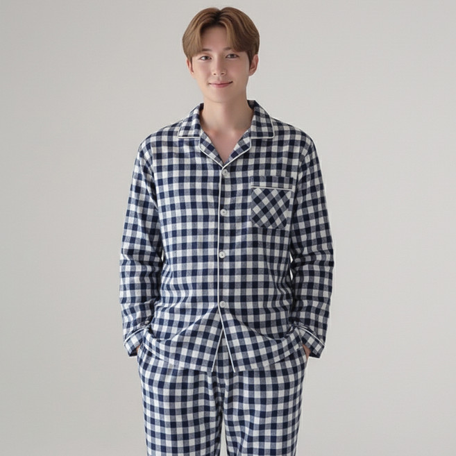 어나더디 남성용 통기성 모노 체크 긴팔잠옷