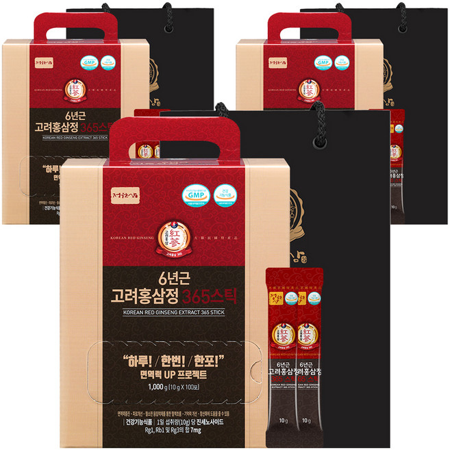 정원삼 6년근 고려홍삼정 365스틱, 1kg, 3개