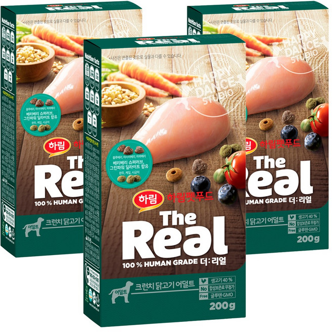 하림펫푸드 어덜트 강아지 더리얼 크런치 건식사료, 닭, 200g, 3개