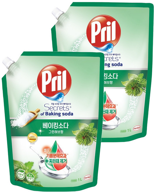 프릴 시크릿 오브 베이킹소다 주방세제 그린허브향 리필, 1L, 2개