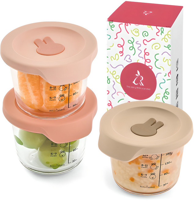 아띠래빗 원형 유리 밀폐 이유식 용기 3종 세트, 230ml, 푸딩베이지 + 아띠핑크 + 아띠로즈, 1세트