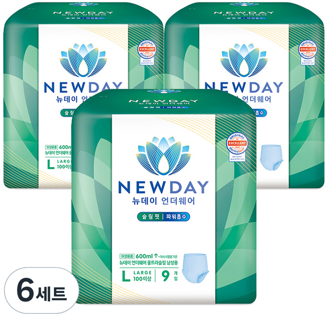 뉴데이 남성용 언더웨어 울트라슬림 성인기저귀, 대형, 9매입, 6세트